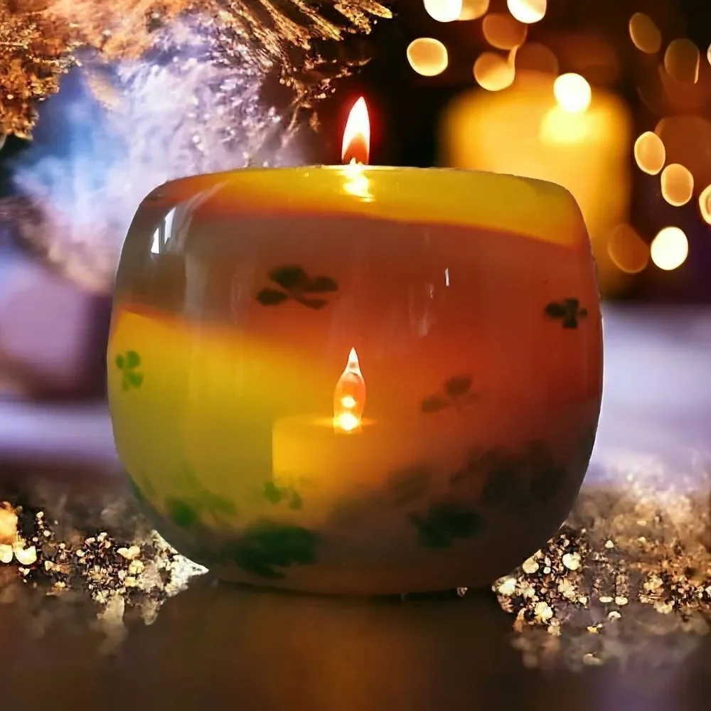 Hand Blown Studio Art Glass Votive Candle Holder Green Floral Tealight‎ Signed